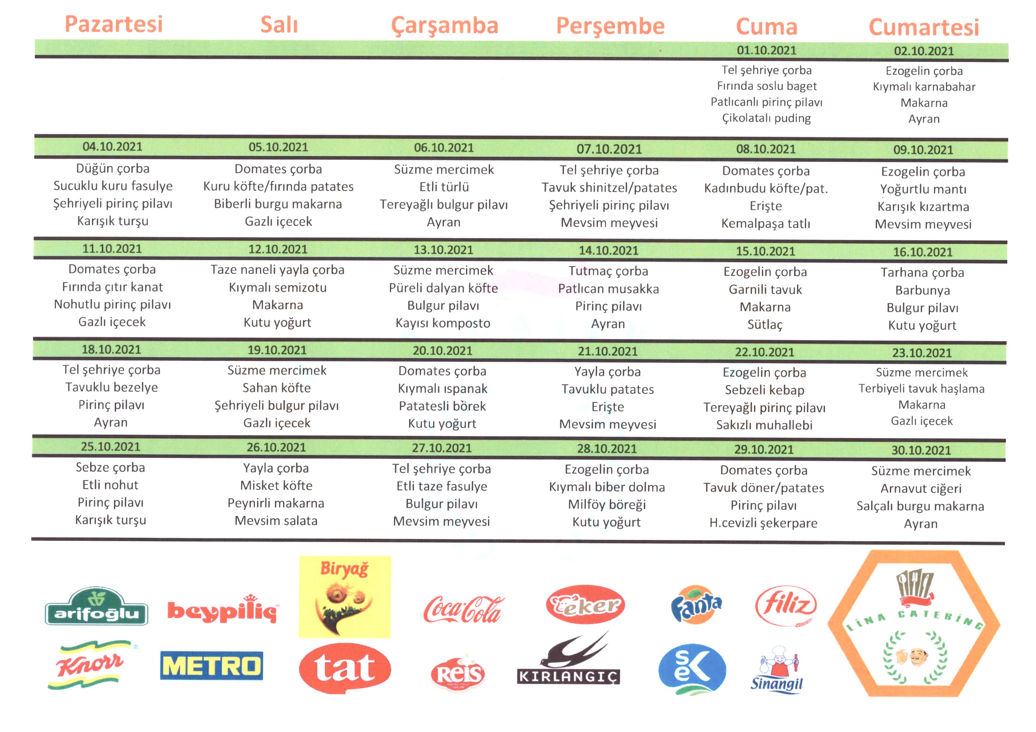 Lina Catering Güncel Yemek Menüsü